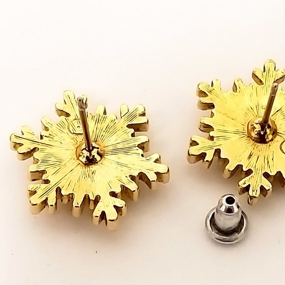 Vintage AVON 3D Gold Finished SNOWFLAKE Pierced Earrings with Rhinestone Accent - Picture 10 of 14